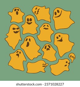 Set of different ghosts. Good and evil ghosts with different faces. For the design of banners, cards for Halloween. All objects are separated. Vector illustration.