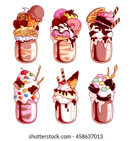 Set of different giant milkshakes. Monstershake in cocktail jar. Vector cartoon illustration isolated on a white background.