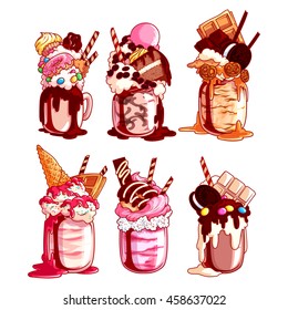 Set of different giant milkshakes. Monstershake in cocktail jar. Vector cartoon illustration isolated on a white background.