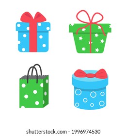 Set of different gift boxes and bags, vector illustration in cartoon flat style. Colorful wrapped. Sale, holidays, shopping concept. Blue, green and red colors. Colorful design isolated on white. 