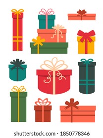 Set of different gift boxes with bows. flat vector illustration