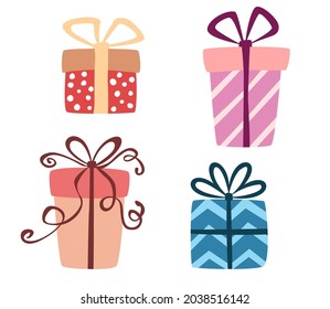 Set of different gift boxes with bows. Vector hand drawn elements isolated on white background.