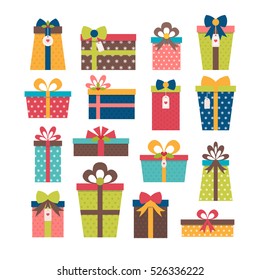 Set of different gift boxes. Colorful wrapped gift boxes. Birthday surprise. Christmas presents. Flat design. Vector illustration