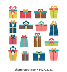 Set of different gift boxes. Colorful wrapped gift boxes. Flat design. Birthday surprise. Christmas presents. Vector illustration