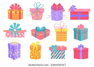 Set of different gift boxes. Cute holiday presents wrapped in festive paper, decorated with ribbons, bows, strings, twines and labels. 