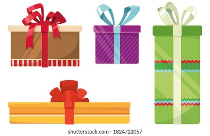 Set of different gift boxes. Festive decor in cartoon style.