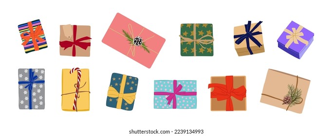 Set of different gift boxes in festive wrapping paper top view. Christmas Present with ribbon bow, pinecone, candy cane, winter decorations. Flat vector illustration isolated on white background