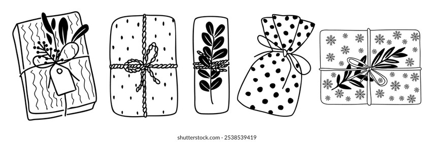 Set of different gift boxes in festive wrapping paper top view. Christmas Present with ribbon bow, winter greenery decorations. Hand drawn sketch vector illustration isolated on white background