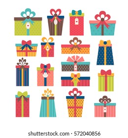 Set of different gift boxes. Flat design. Colorful wrapped gift boxes. Christmas presents. Birthday surprise. Vector illustration.