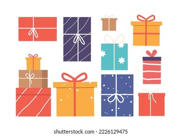 Set Different Gift Boxes Isolated on White Background. Colorful Presents Wrapped with Paper and Ribbons, Wood Caskets for Winter Holidays, Christmas, New Year Celebration. Cartoon Vector Illustration