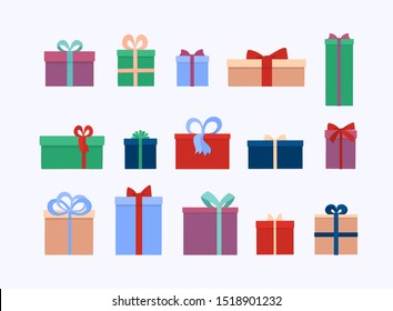 Set of different gift boxes and  presents isolated on white background. Flat vector illustration.