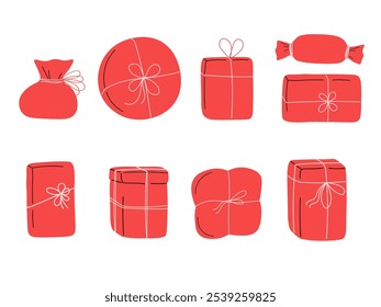 A set of different gift boxes with ribbons, holiday present packaging. Vector graphics.