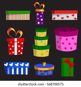 Set of different gift boxes with ribbons and bows. Flat design. Vector illustration on black background