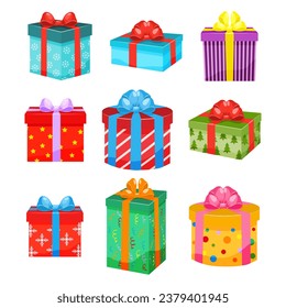 A set of different gift designs in colorful packaging. Colorful wrapped gift boxes with ribbons and bow. Vector illustration.