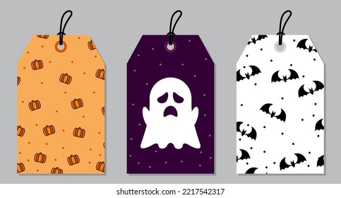 Set of different gift tags. Scary sale tag set. Holiday gift tags with pumpkins, ghost, and bats. Special sale price tags. Price tag collection. Vector illustration