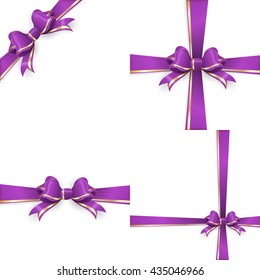 Set with different gift wrapping compositions of purple gold bow and ribbon isolated on white background. purple gold bow templates. purple gold bow backgrounds. EPS 10 vector file included