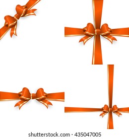 Set with different gift wrapping compositions of Orange gold bow and ribbon isolated on white background. Orange gold ribbons. Orange gold bow backgrounds. EPS 10 vector file included