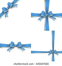 Set with different gift wrapping compositions of blue gold bow and ribbon isolated on white background. Blue gold ribbons. Blue gold bow backgrounds. EPS 10 vector file included
