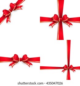 Set with different gift wrapping compositions of red gold bow and ribbon isolated on white background. Red gold ribbons. Red gold bow templates. Red gold bow backgrounds. EPS 10 vector file included