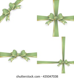 Set with different gift wrapping compositions of green gold bow and ribbon isolated on white background. Green gold ribbons. Green gold bow backgrounds. EPS 10 vector file included