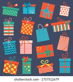 conjunto de diferentes regalos para vacaciones en fondo oscuro
