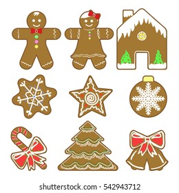 Set of different ginger breads. man, Christmas tree, bell, star, snow falke, candy cane, house. Vector illustrated Christmas treats collection. Flat design style