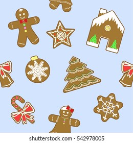 Set of different ginger breads. man, Christmas tree, bell, star, snow falke, candy cane, house. Vector illustrated Christmas treats collection. Flat design style. Seamless background pattern