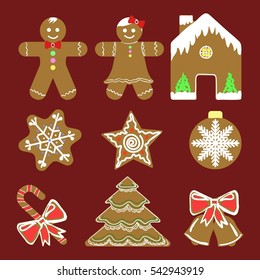 Set of different gingerb reads. man, Christmas tree, bell, star, snow falke, candy cane, house. Vector illustrated Christmas treats collection. Flat design style