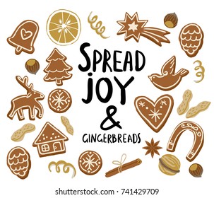 Set of different gingerbread: Christmas tree, bell, star, bird, deer, pinecone, house, horseshoe and citrus fruits slices. Christmas treats collection.  Vector clip art.