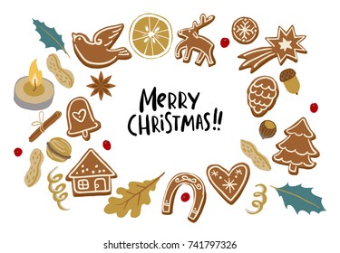 Set of different gingerbread: Christmas tree, bell, star, bird, deer, pinecone, house, horseshoe and citrus fruits slices. Homemade cookies and fragrant spices. Vector clip art.
