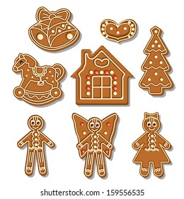 Set of different gingerbread figures on a white background.