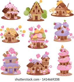 Set of different gingerbread houses. Vector illustration on white background.