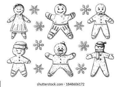 Set of different gingerbread men isolated on white background. Sketch, illustration by hand drawn