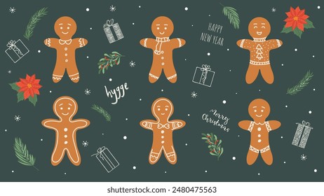 Set of different gingerbread men for New Year with design elements for postcards. Vector