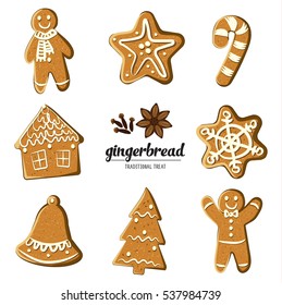 Set of different gingerbreads: man, Christmas tree, bell, star,snowflake,candy cane and house . Vector illustrated Christmas treats collection. Homemade cookies on white background