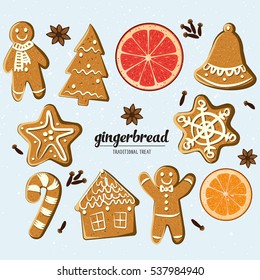 Set of different gingerbreads: man, Christmas tree, bell, star,snowflake,candy cane, house and citrus fruits slices.Vector illustrated Christmas treats collection. Homemade cookies and fragrant spices