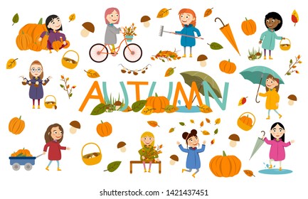 Set of different girl in an autumn jacket plays with leaves, launches a paper boat, rides a bicycle, carries pumpkins and has fun in the fall. Cute Vector Illustration