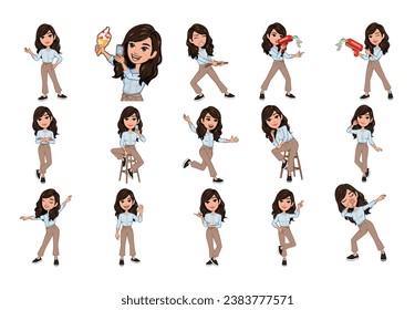 Set of different girl expressions character. Collection of woman feelings. Beautiful female emoji with various emotions. Collage of cute lady's portrait in vector illustration.