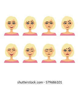 Set of different girl facial expressions. Blonde caucasian woman. Vector illustration.