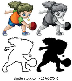 Set of different girl playing ping pong illustration
