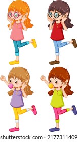 Set of different girls cartoon characters illustration