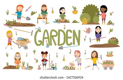 Set different girls gardening plants, weed beds, watering seedlings, pruning bushes and trees, working in the garden. People and garden tools. Vector illustration