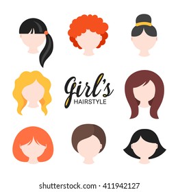 Set of different girl's hairstyle for curly, wavy, short, medium and long hair. Red, blonde, brunette and black hair. Perfect for avatars, web site icons, beauty salon prints. Vector illustration 