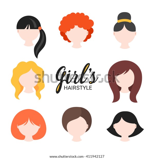 Set of different girl's hairstyle for curly, wavy,
short, medium and long hair. Red, blonde, brunette and black hair.
Perfect for avatars, web site icons, beauty salon prints. Vector
illustration 