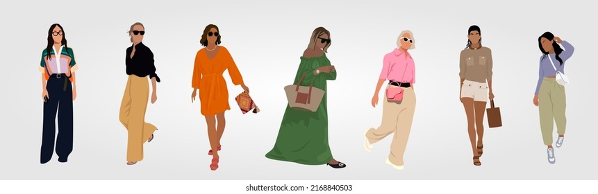 Set of different girls in summer fashion outfit. Modern women in trendy fashionable clothes. Street fashion trendsetter characters. Cartoon style realistic vector art illustrations isolated.