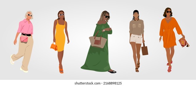 Conjunto de chicas diferentes en ropa de moda de verano. Mujeres modernas con ropa de moda. Personajes de moda callejera. Ilustraciones de arte vectorial realistas de estilo caricatura aisladas.