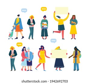 Set of different Girls that are reading Books, holding pets, holding banners and other . Vector illustrations in the flat style