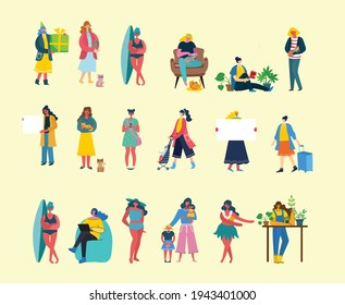 Set of different Girls that are reading Books, holding pets, holding banners and other . Vector illustrations in the flat style
