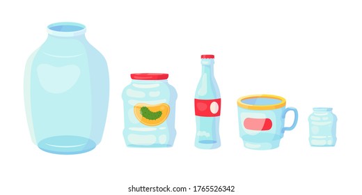 Set with different glass bottles, cup and jars. Vector cartoon flat illustration isolated on white background.