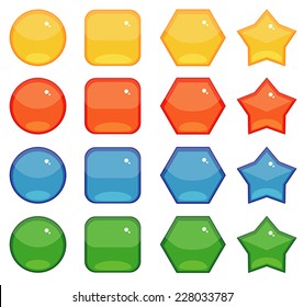Set of different glass buttons, circle, hexagon, star, square. Red, blue, green and yellow colors. Isolated on white background.